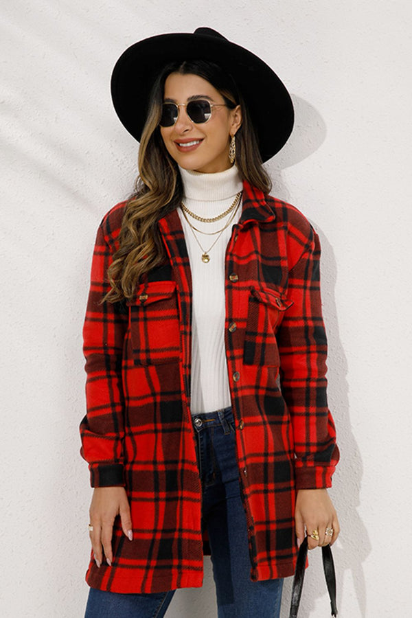 Plaid Collared Longline Coat Trendsi