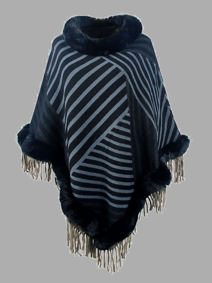 Striped Fringe Hem Poncho - Super Amazing Store