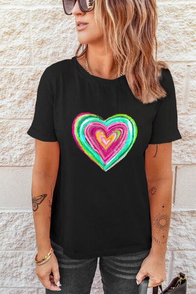 Heart Round Neck Short Sleeve T-Shirt Trendsi