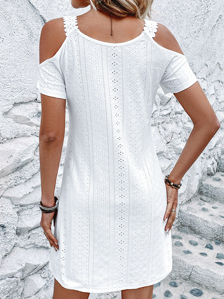 Eyelet V-Neck Cold-Shoulder Dress Trendsi