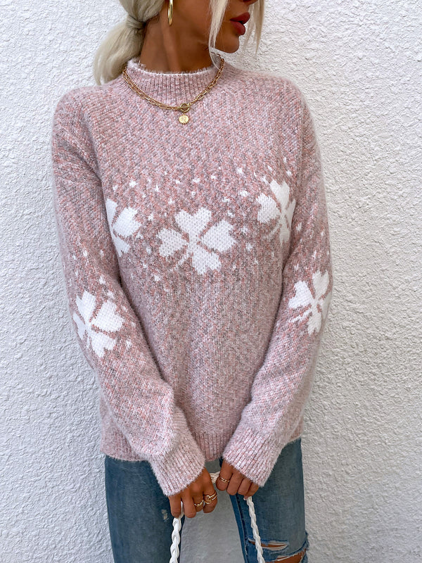 Four Leaf Clover Mock Neck Sweater - Super Amazing Store