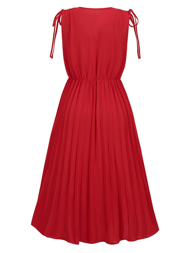 Pleated V-Neck Sleeveless Midi Dress Trendsi