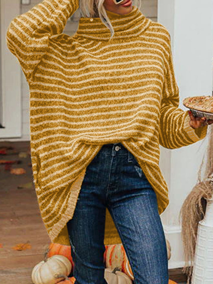 Striped Turtleneck Sweater with Pockets Trendsi