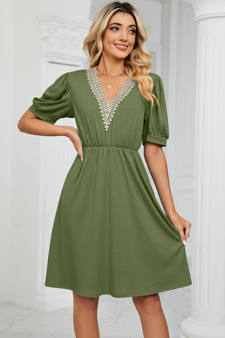 V-Neck Puff Sleeve Dress Trendsi