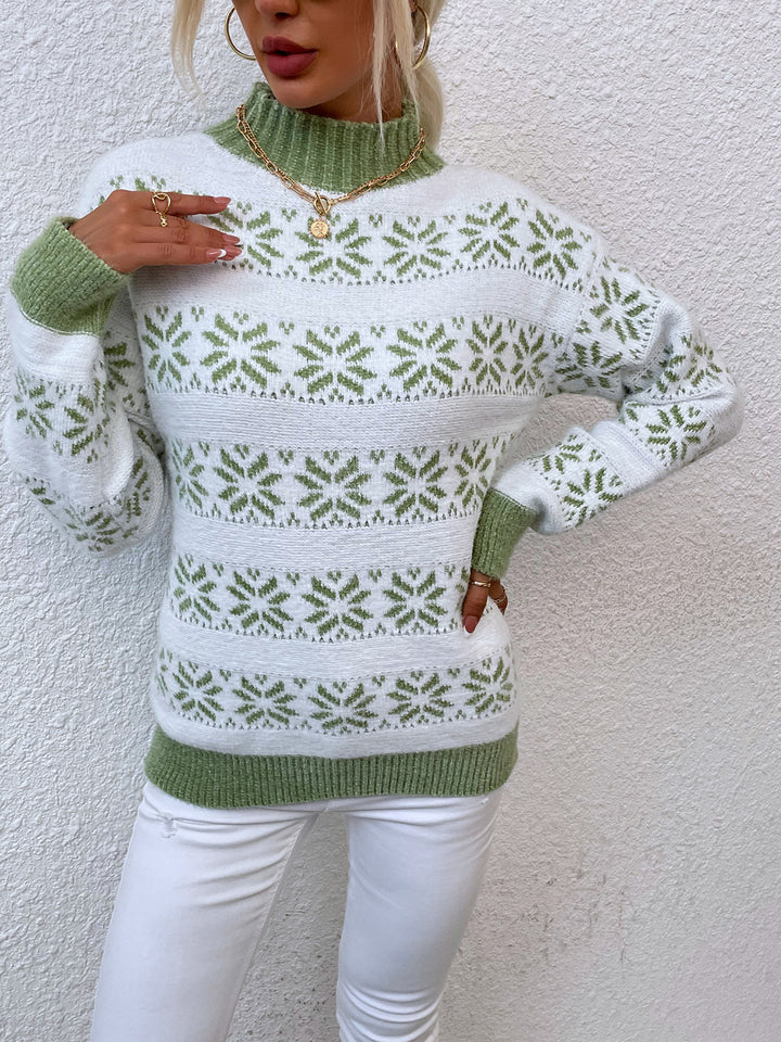 Snowflake Pattern Mock Neck Sweater - Super Amazing Store