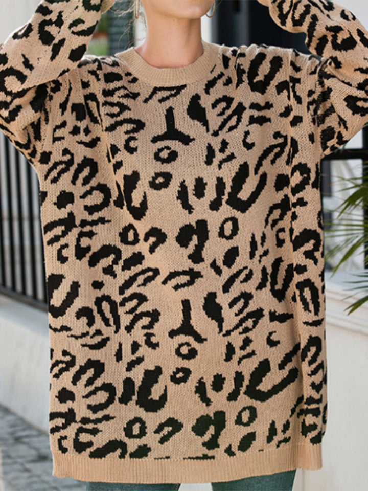 Leopard Round Neck Tunic Sweater Trendsi