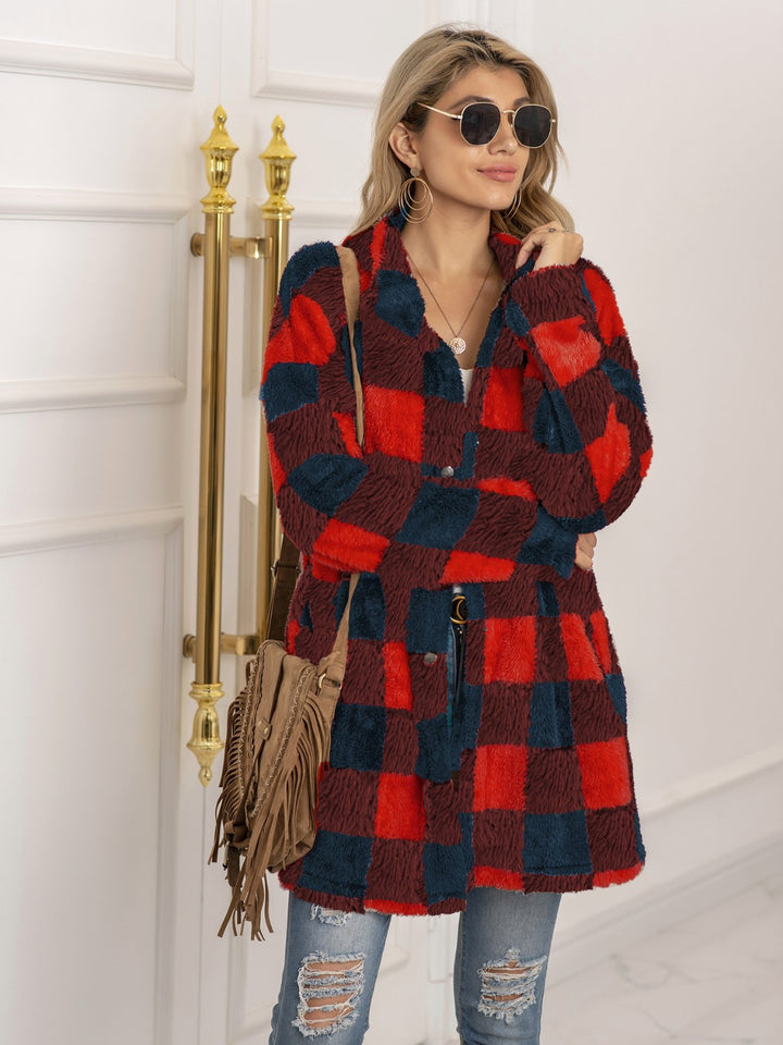 Plaid Collared Neck Longline Coat - Super Amazing Store