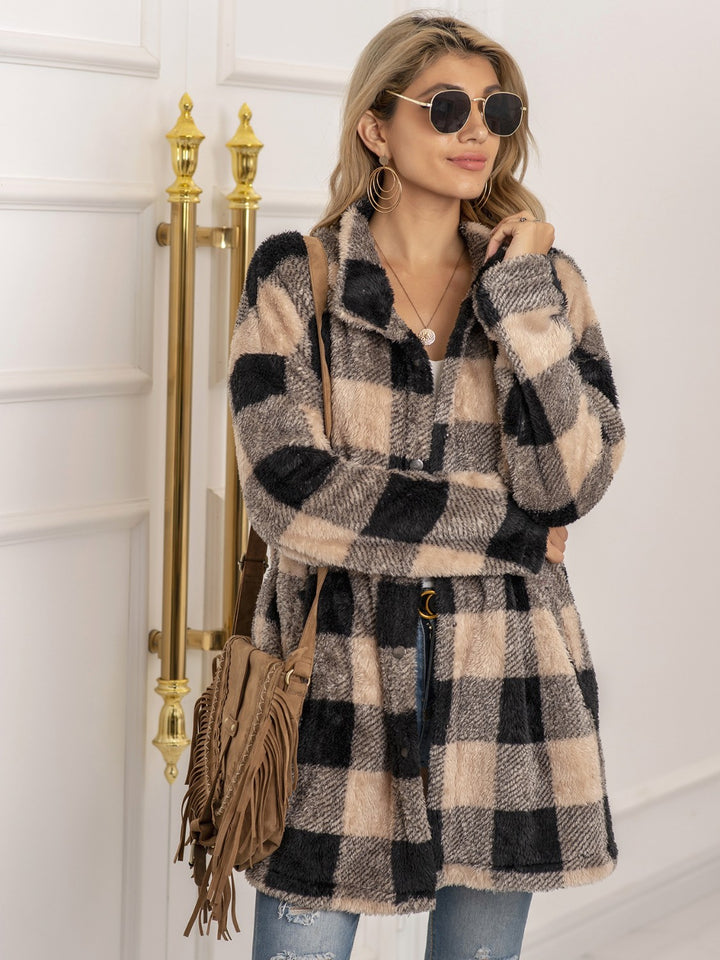 Plaid Collared Neck Longline Coat - Super Amazing Store