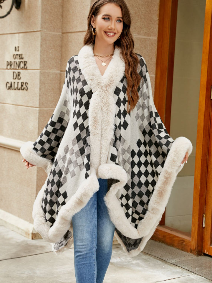 Checkered Faux Fur Trim Poncho - Super Amazing Store