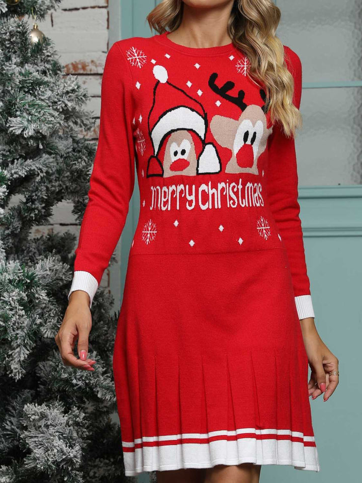 MERRY CHRISTMAS Graphic Pleated Sweater Dress Trendsi