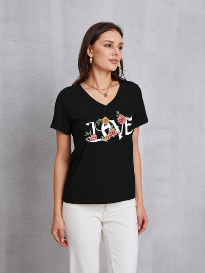 LOVE V-Neck Short Sleeve T-Shirt Trendsi