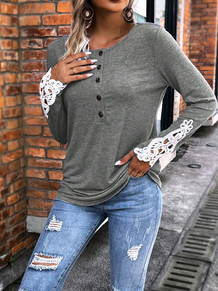 Half Button Lace Detail T-Shirt Trendsi