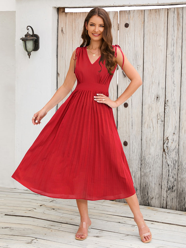 Pleated V-Neck Sleeveless Midi Dress Trendsi