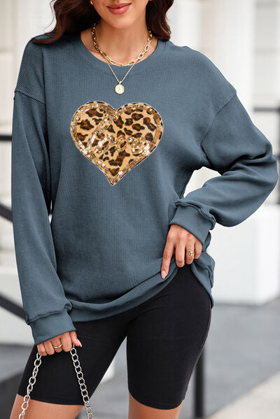 Heart Leopard Sequin Round Neck Sweatshirt Trendsi