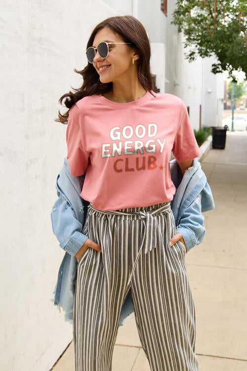 Simply Love Full Size GOOD ENERGY CLUB Short Sleeve T-Shirt Trendsi