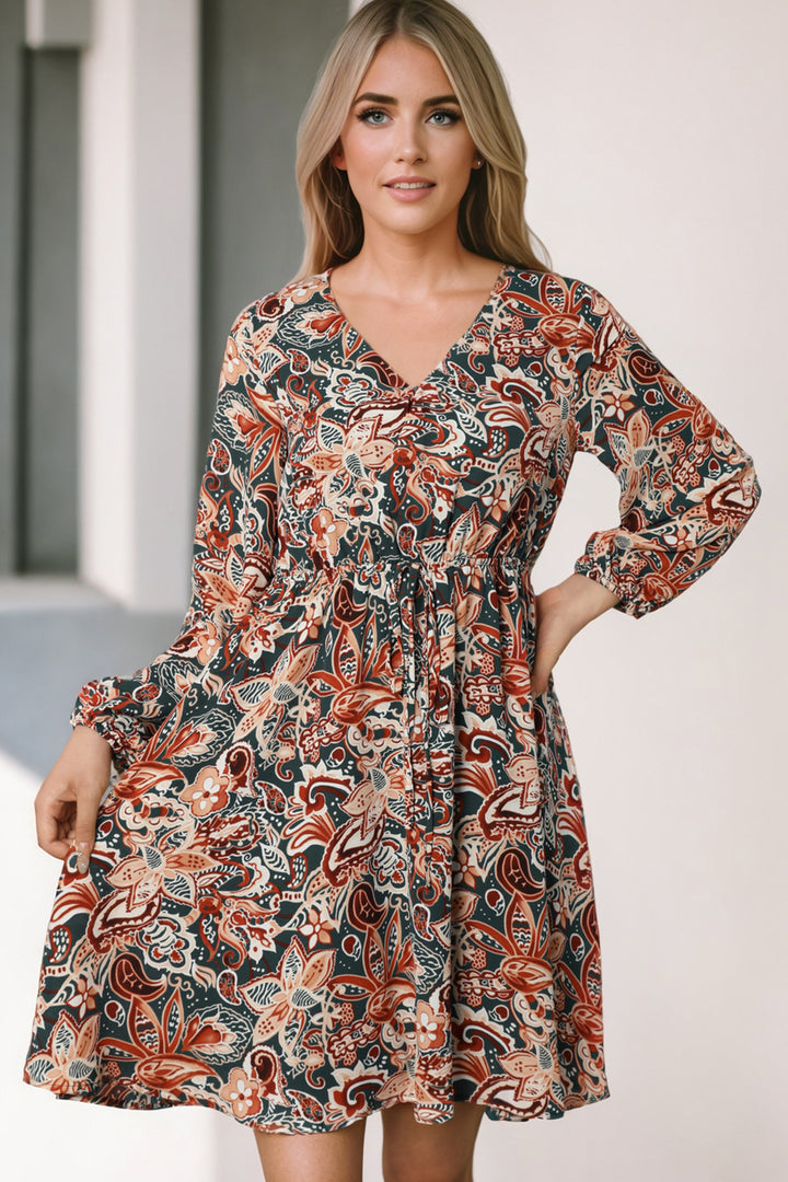 Printed V-Neck Mini Dress Trendsi