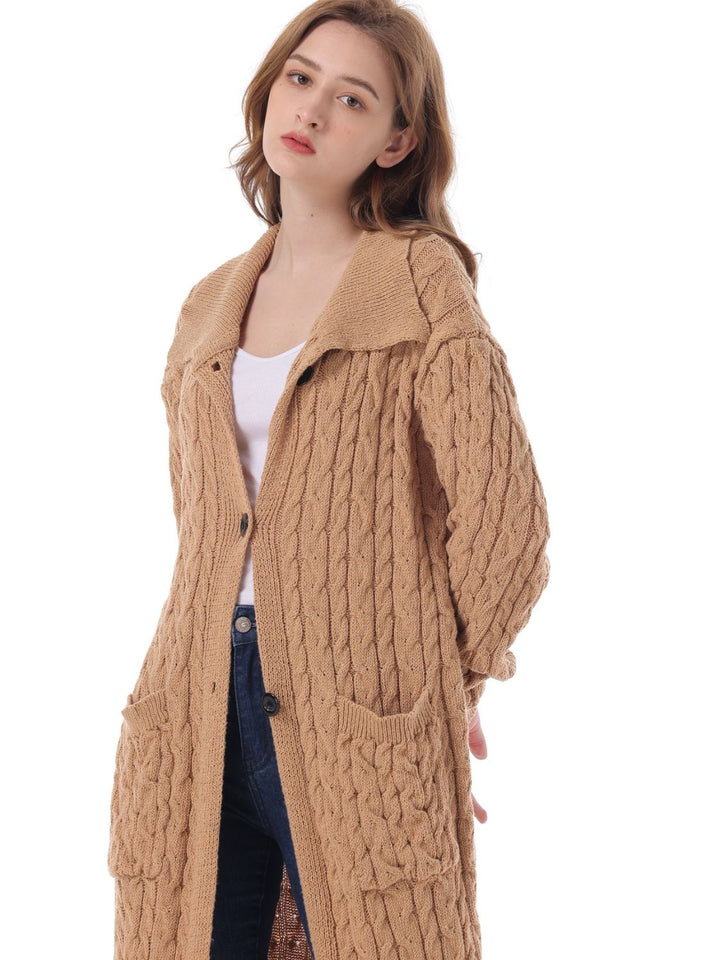 Cable-Knit Collared Neck Cardigan with Pockets Trendsi