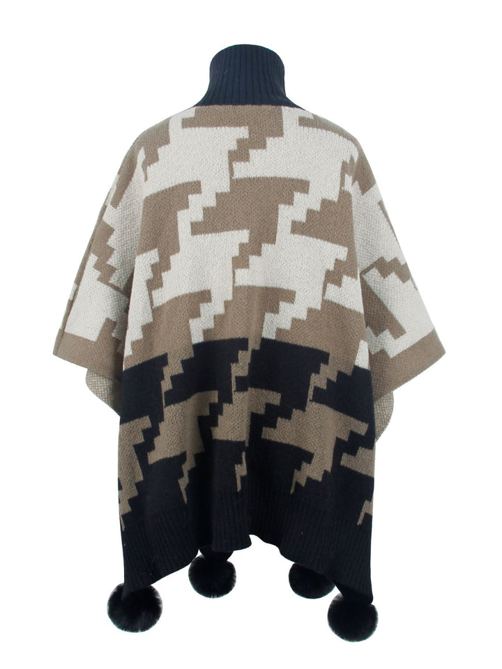 Turtleneck Pom-Pom Trim Poncho Trendsi