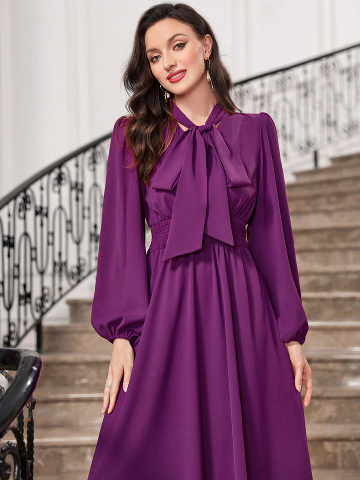 Tie-Neck Balloon Sleeve Dress Trendsi