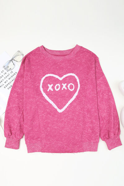 XOXO Heart Graphic Round Neck Long Sleeve Sweatshirt Trendsi