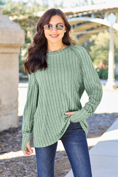 Basic Bae Full Size Ribbed Round Neck Long Sleeve Knit Top Trendsi