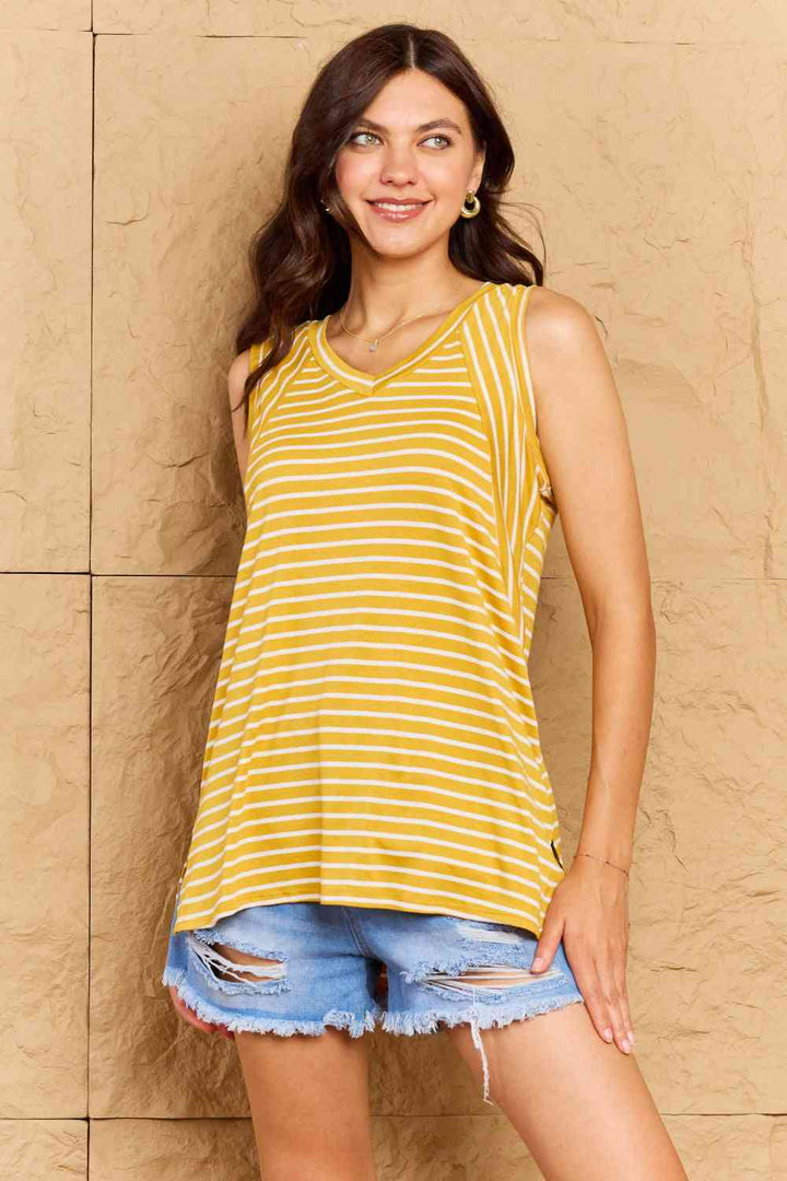 Doublju Talk To Me Full Size Striped Sleeveless V-Neck Top Trendsi