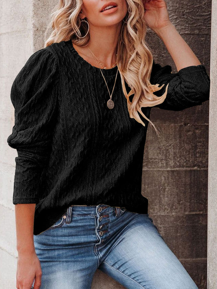 Round Neck Puff Sleeve Knit Top Trendsi