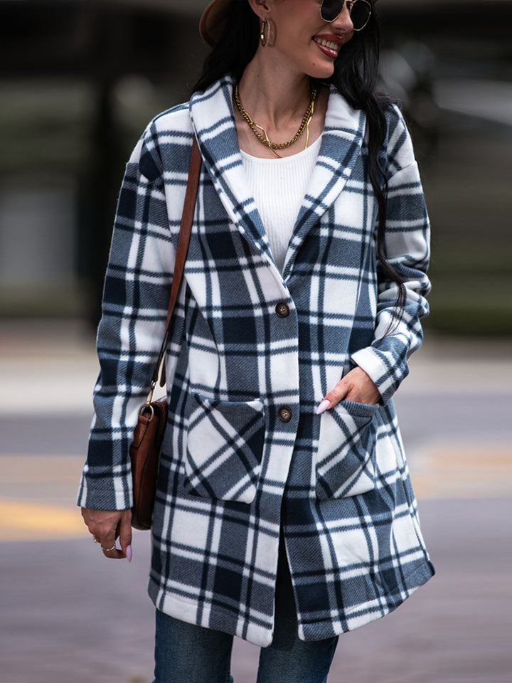 Plaid Shawl Collar Coat with Pockets - Super Amazing Store