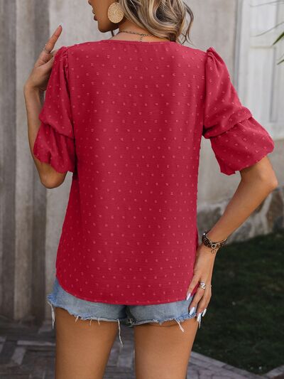 Swiss Dot V-Neck Short Sleeve Blouse Trendsi