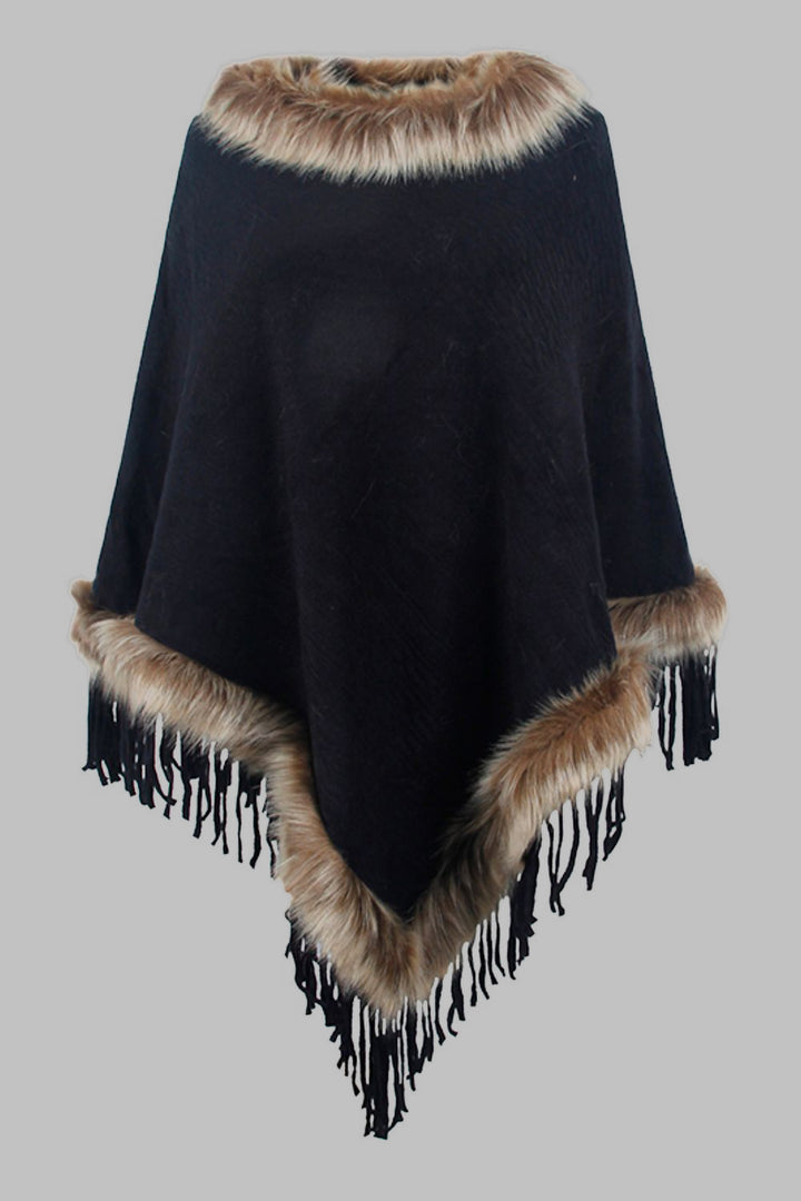 Faux Fur Trim Fringed Poncho - Super Amazing Store