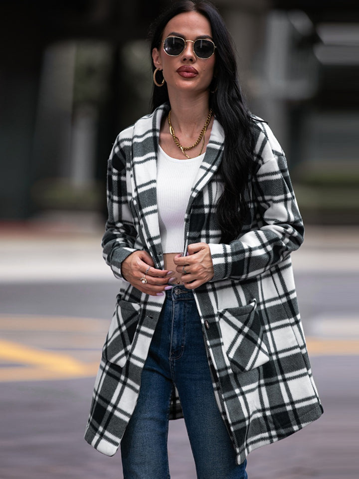 Plaid Shawl Collar Coat with Pockets - Super Amazing Store