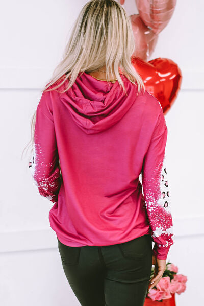 LOVE Heart Drawstring Dropped Shoulder Hoodie Trendsi