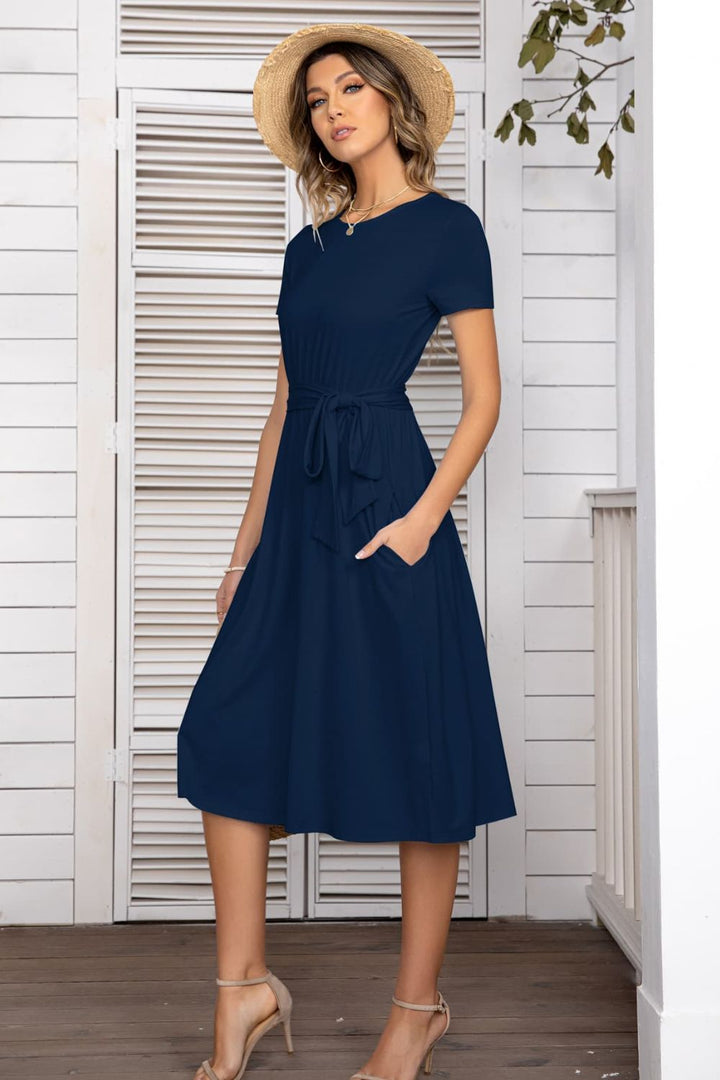 Belted Tee Dress With Pockets Trendsi