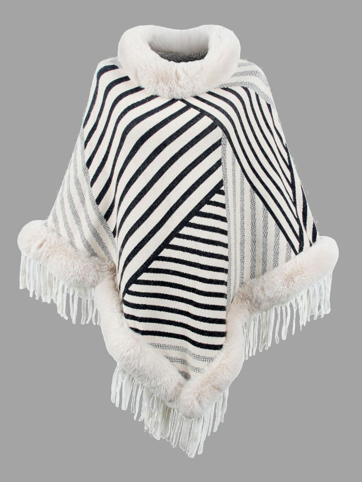 Striped Fringe Hem Poncho - Super Amazing Store