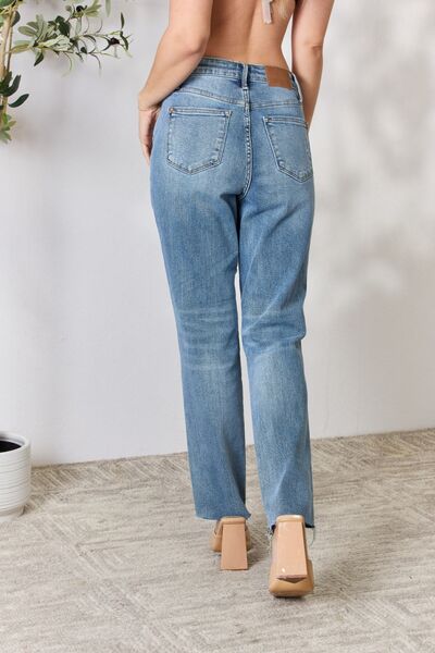 Judy Blue Full Size Distressed Raw Hem Straight Jeans Trendsi