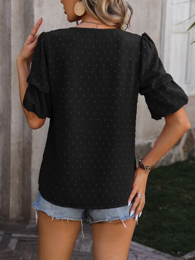 Swiss Dot V-Neck Short Sleeve Blouse Trendsi