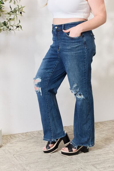 Judy Blue Full Size High Waist 90's Distressed Straight Jeans - Super Amazing Store