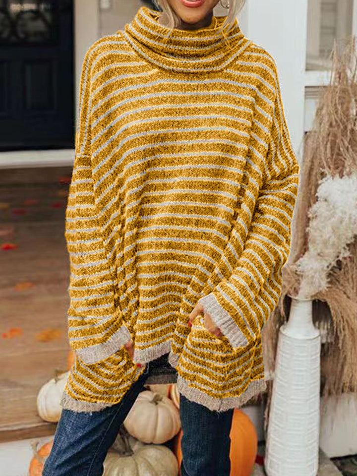 Striped Turtleneck Sweater with Pockets Trendsi