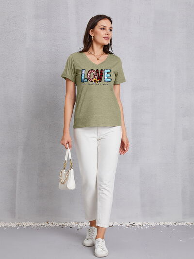 Letter Graphic V-Neck Short Sleeve T-Shirt Trendsi