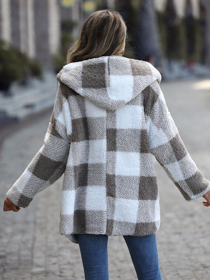 Plaid Open Front Hooded Coat - Super Amazing Store