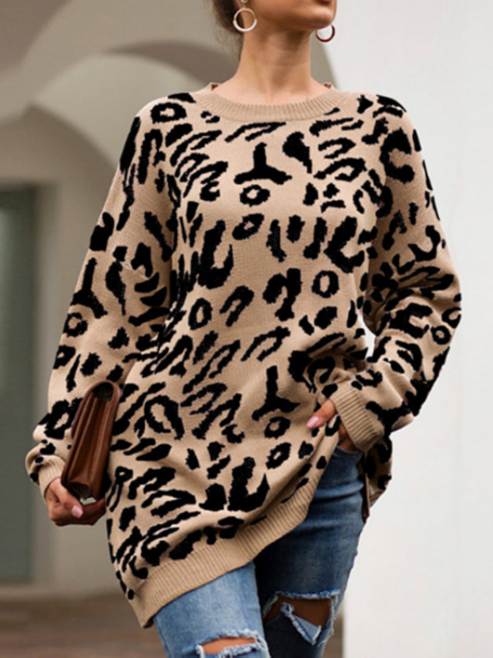 Leopard Round Neck Tunic Sweater Trendsi