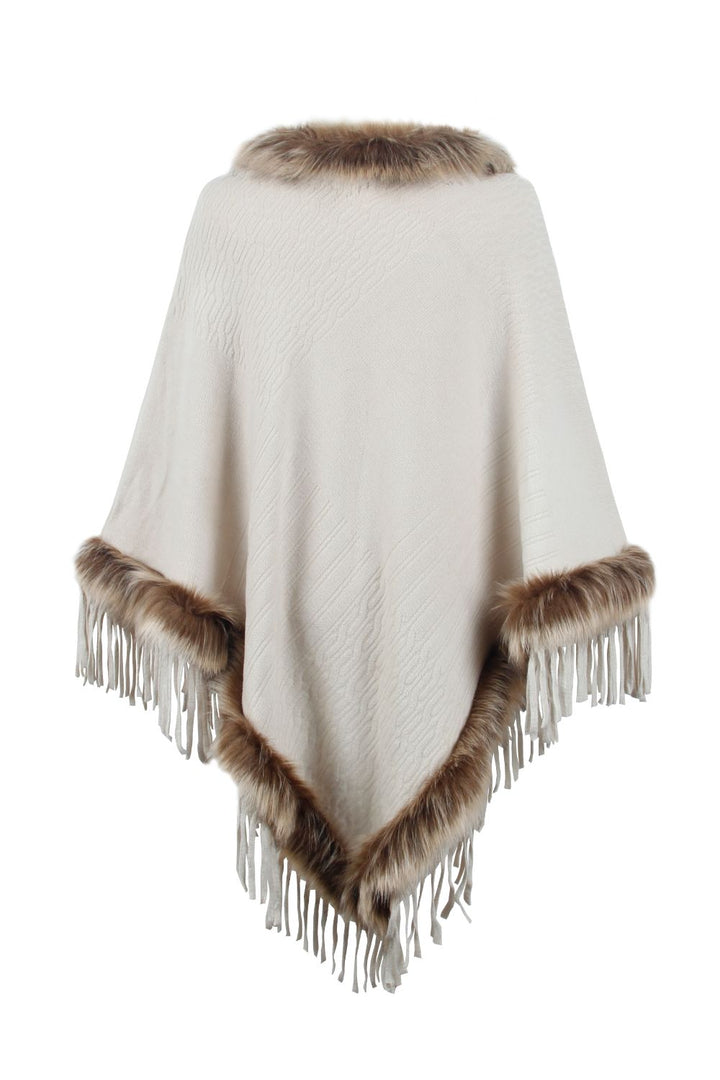 Faux Fur Trim Fringed Poncho - Super Amazing Store