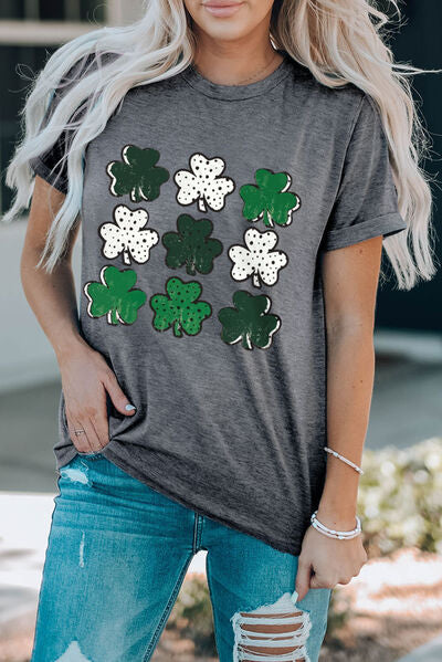 Lucky Clover Round Neck Short Sleeve T-Shirt Trendsi