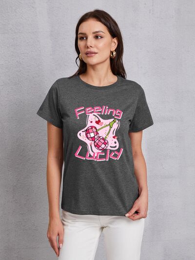 FEELING LUCKY Round Neck Short Sleeve T-Shirt Trendsi