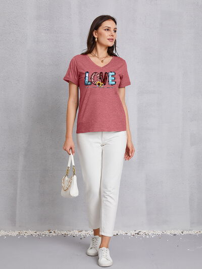 Letter Graphic V-Neck Short Sleeve T-Shirt Trendsi