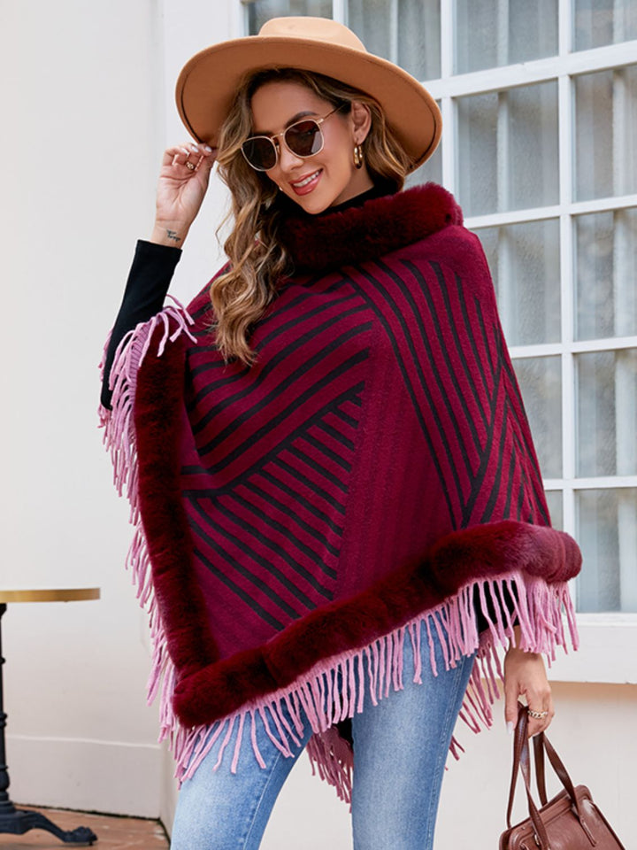 Striped Fringe Hem Poncho - Super Amazing Store