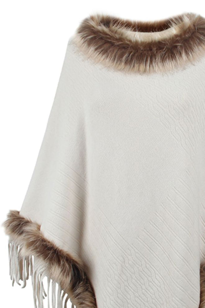 Faux Fur Trim Fringed Poncho - Super Amazing Store