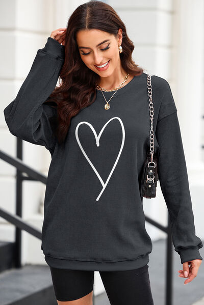 Heart Round Neck Dropped Shoulder Sweatshirt Trendsi