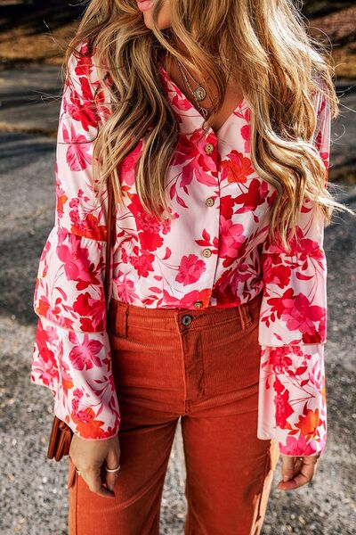 Floral Flare Sleeve Button Up V-Neck Bodysuit Trendsi