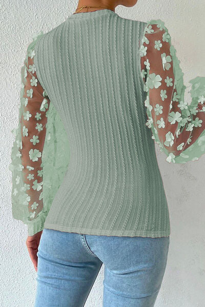 Double Take Textured Applique Long Sleeve Blouse Trendsi